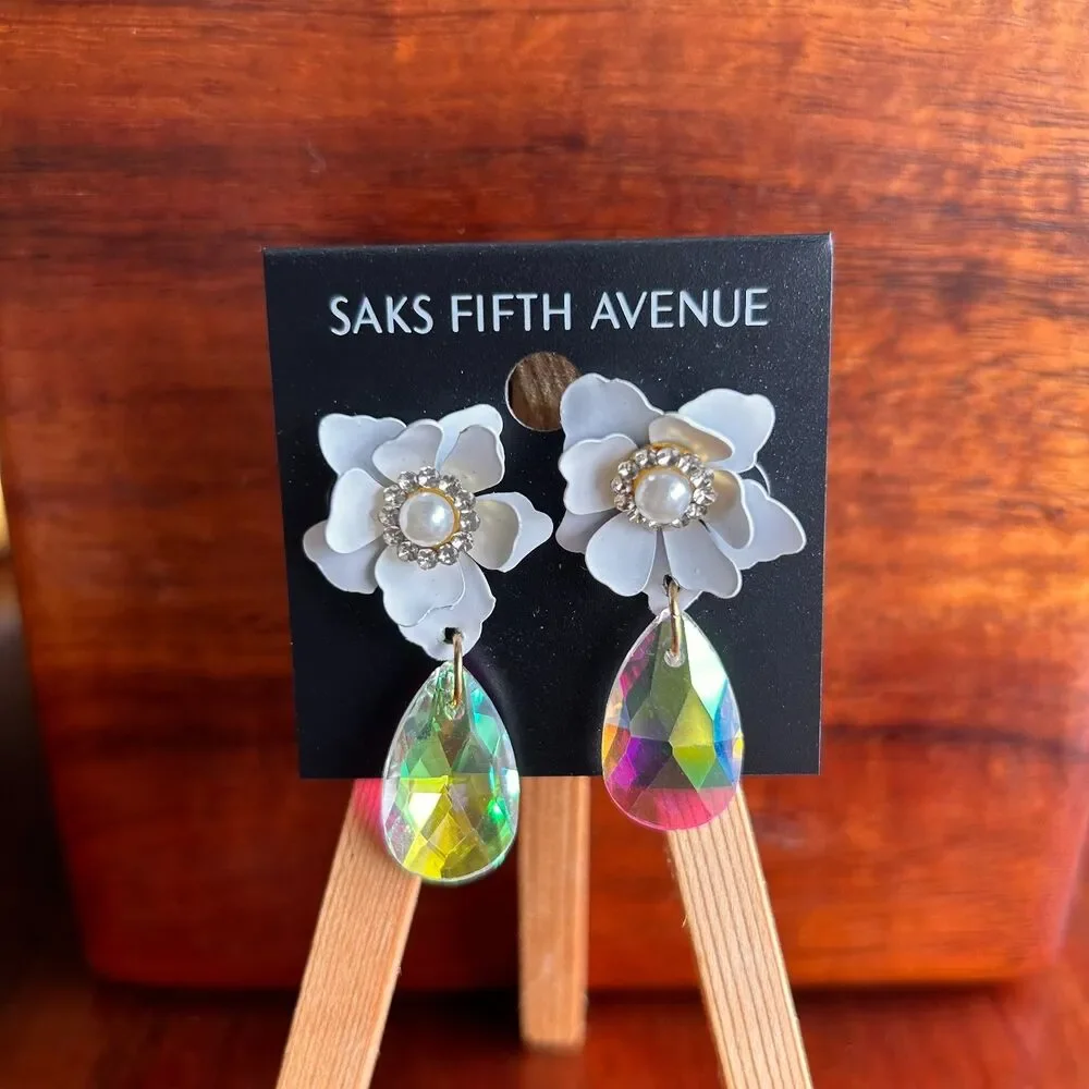 Saks Fifth Avenue Floral Pearl Rhinestone Iridescent Drop Earrings